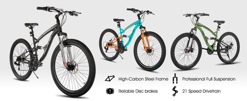 Hiland Full Suspension Mens Mountain Bike, 21 Speed, 26 Inch Wheel, Dual Disc Brake Bike for Men Womens Adult Bicycle