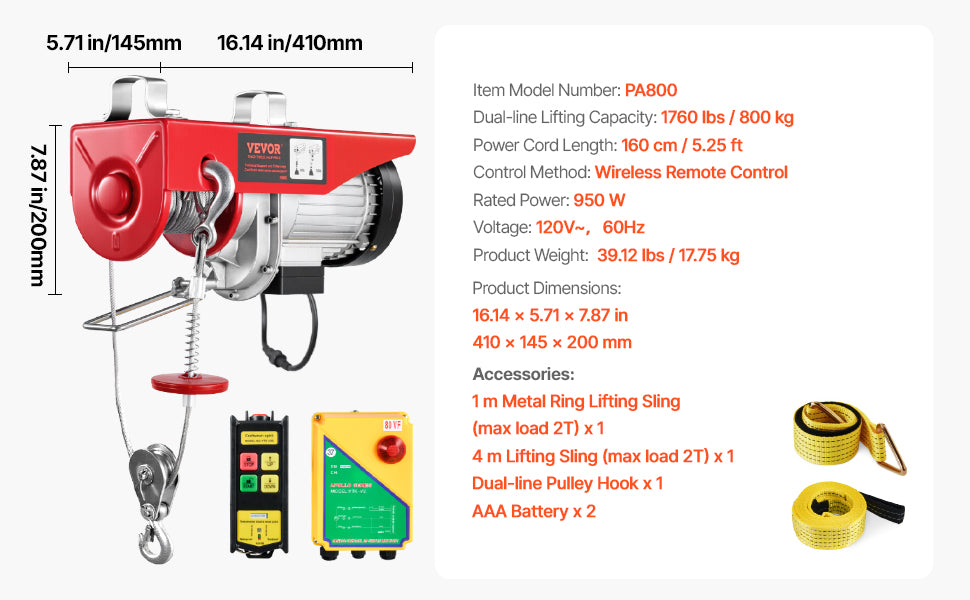 VEVOR 1320/1760/2200 lbs Electric Cable Hoist Winch with Wireless Remote Control & Emergency Stop for Garage Warehouse Lifting