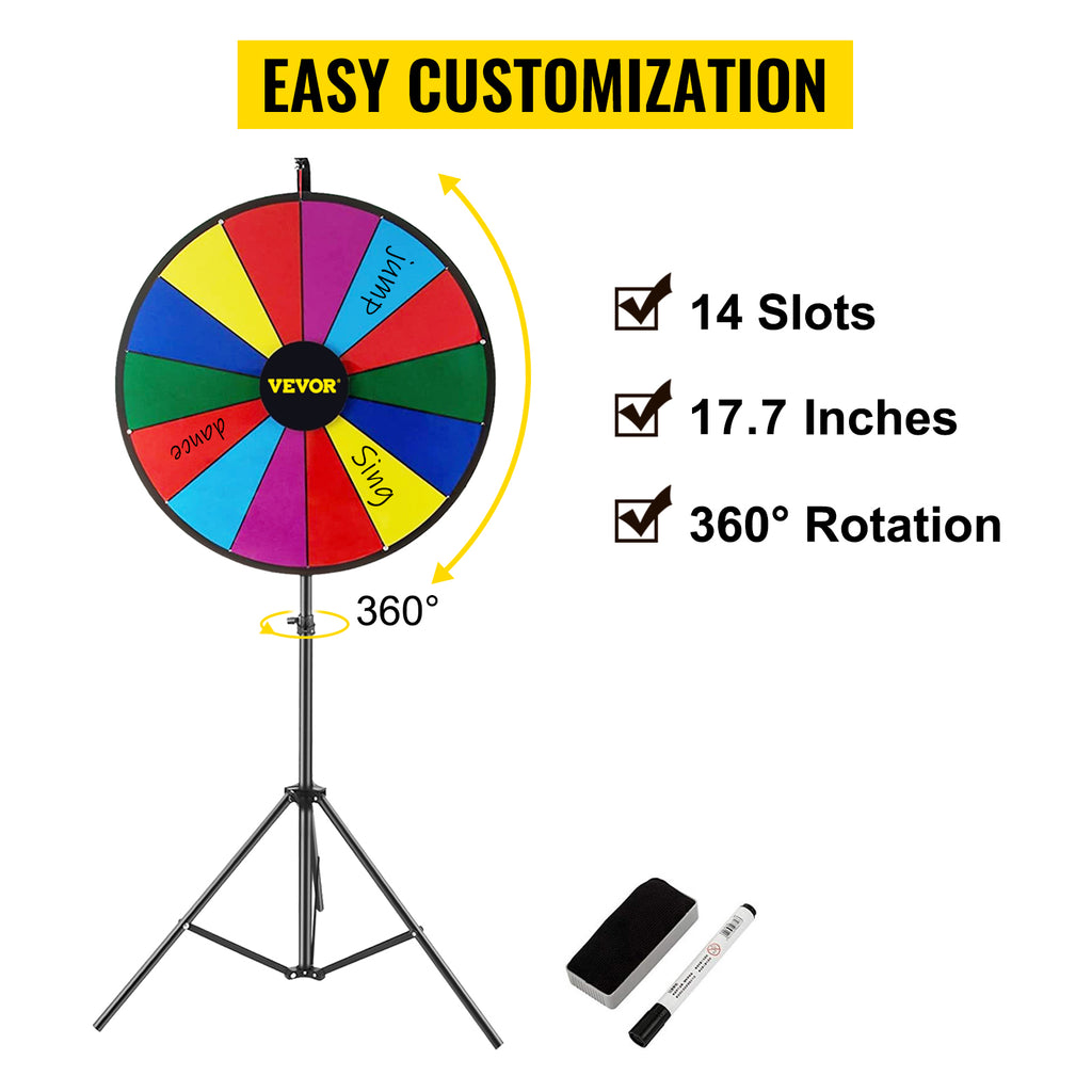 SucceBuy 18 Inch Tabletop Color Prize Wheel w/ Folding Tripod Floor Stand 14 Slots Dry Erase for Win Fortune Spinning Stand Game