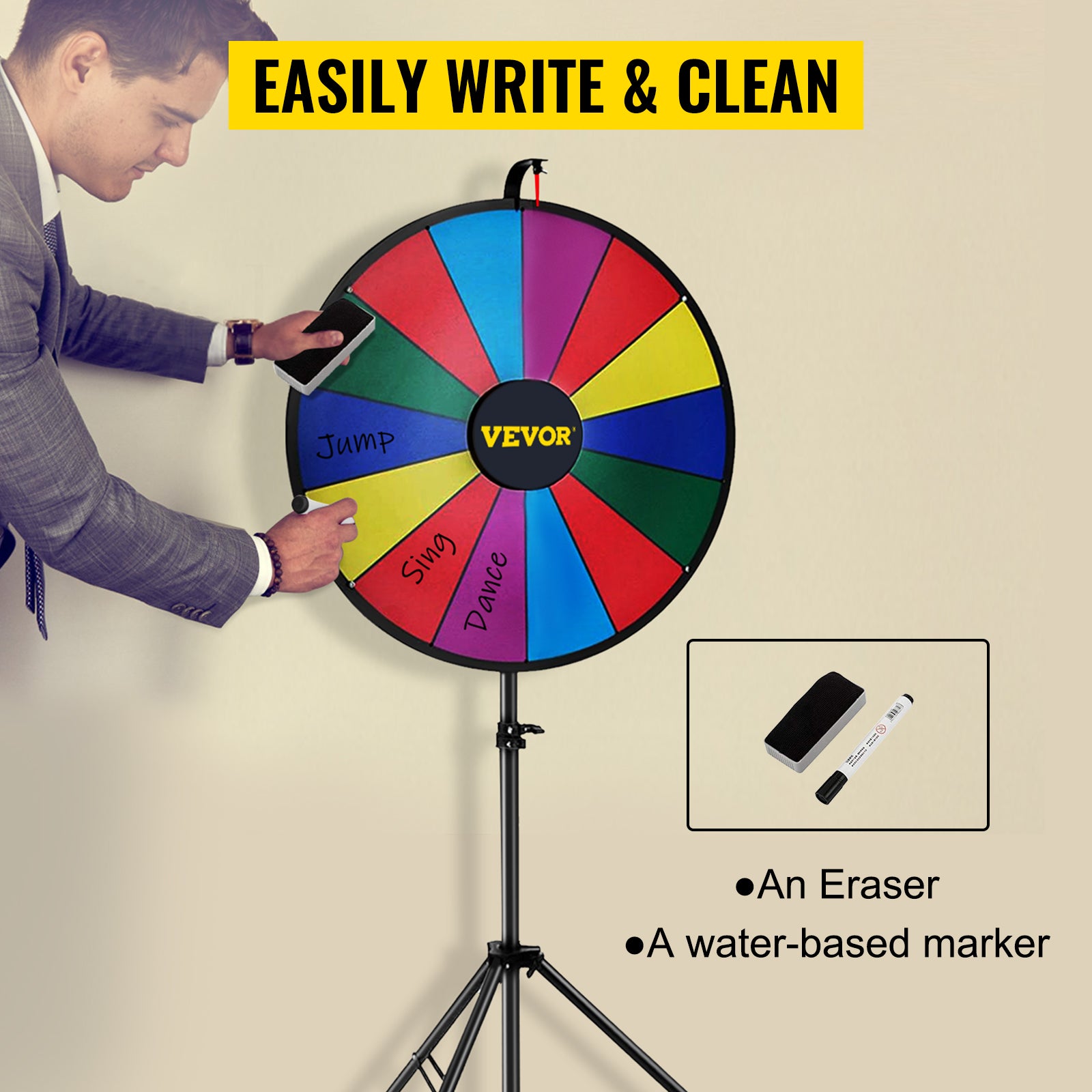 SucceBuy 18 Inch Tabletop Color Prize Wheel w/ Folding Tripod Floor Stand 14 Slots Dry Erase for Win Fortune Spinning Stand Game